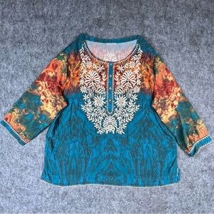 John Mark Teal and Pink Patterned Top Size 2X